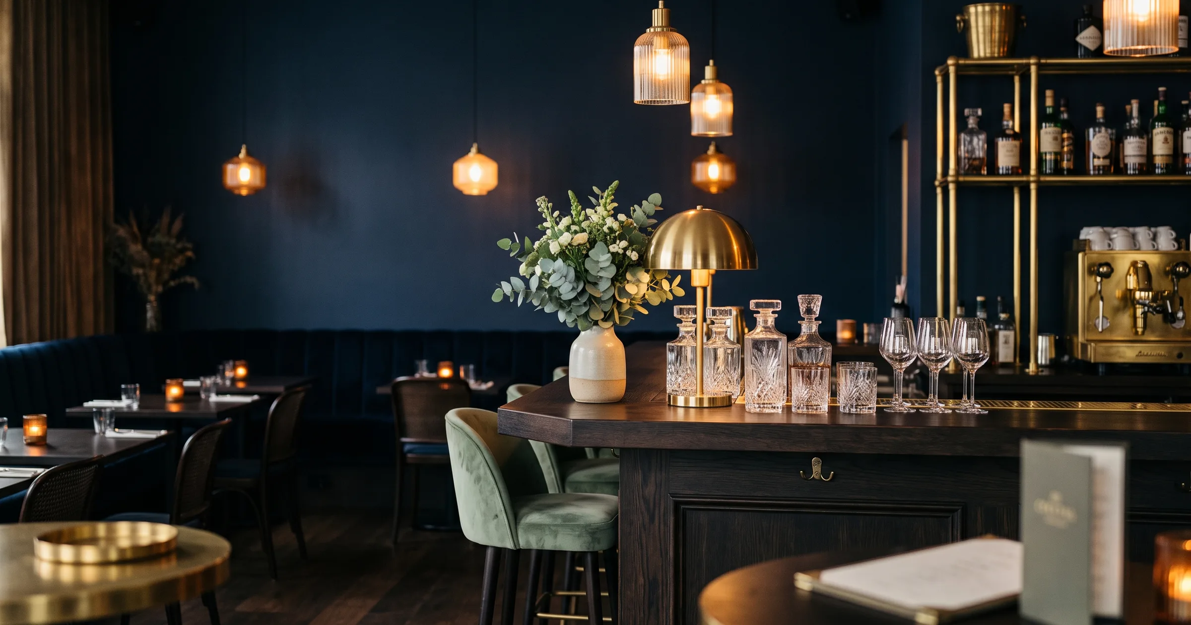 Boutique hotel bar with brass pendant lights and sage velvet stools at dusk