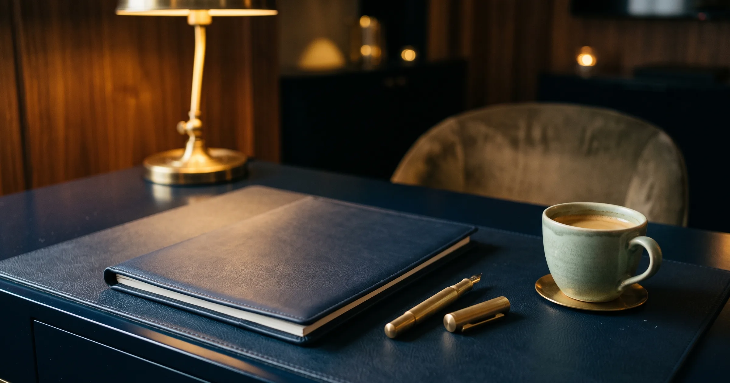 Hotel desk with navy document folder, brass pen, and ceramic coffee cup