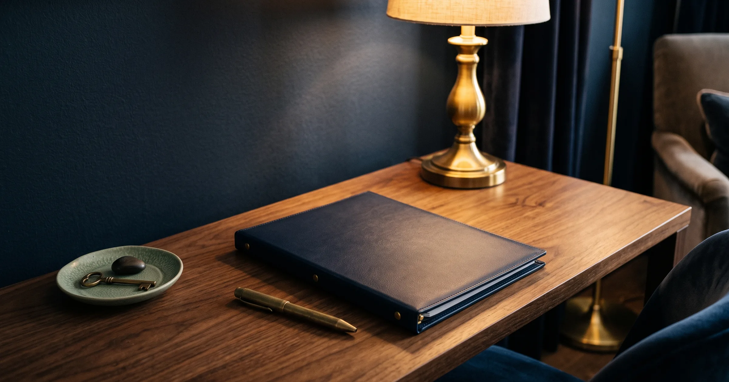 Bound report folder with brass pen on a warm timber hotel desk