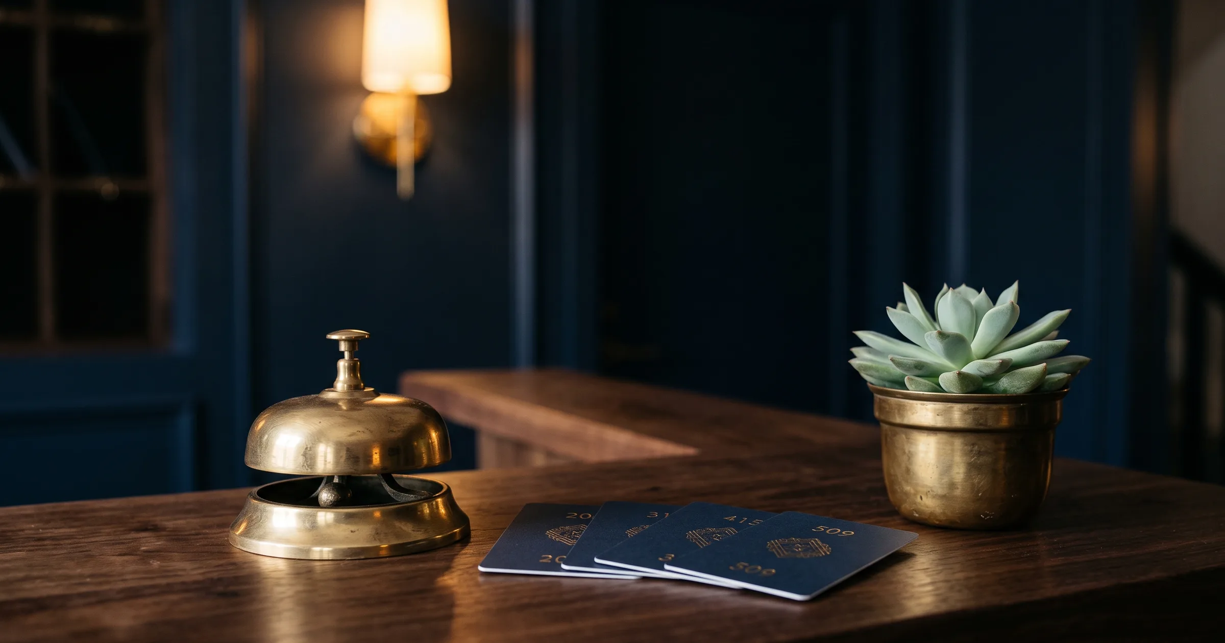 Hotel reception counter with brass concierge bell, key cards, and sage plant